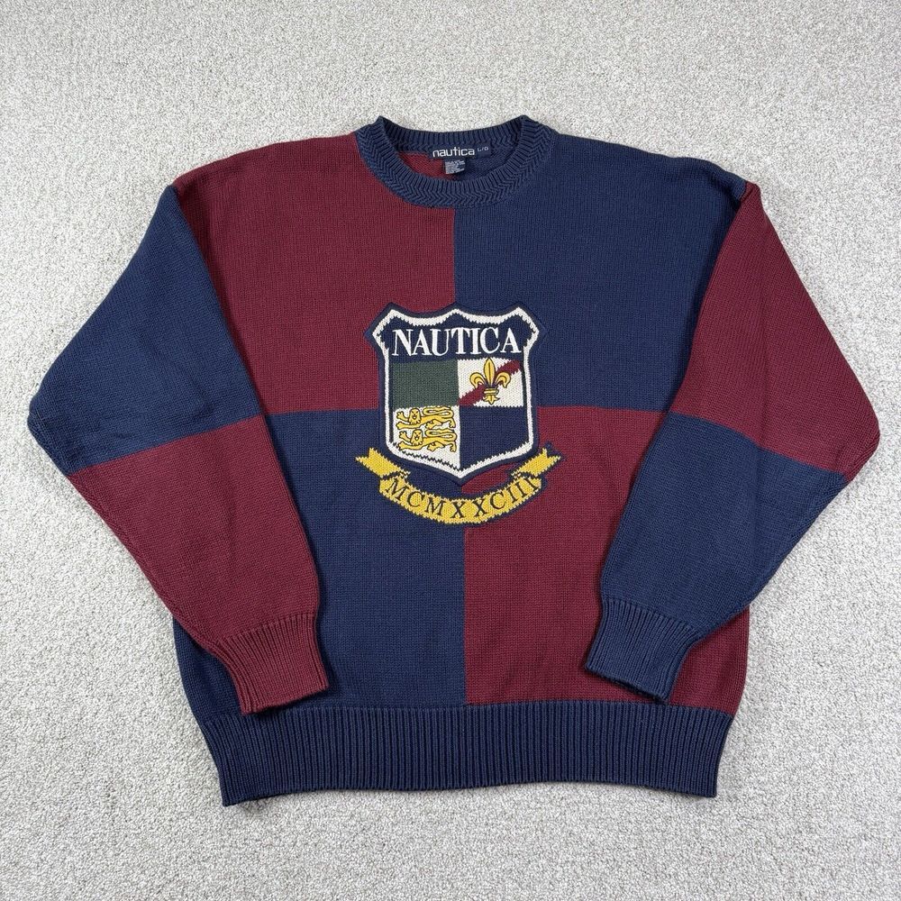 VTG 90s Nautica Preppy Sweater Red Blue‎ Color Block Crest Sz L